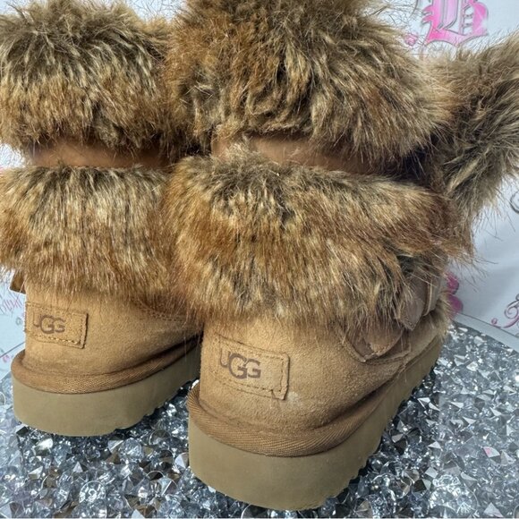 UGG CLASSIC BUCKLE MINI CHESTNUT FAUX FUR SHEARLING BOOT USA 10 rare brown furry - Picture 8 of 15
